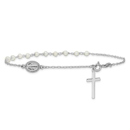 Sterling Silver Rhodium Plated Fwc Pearl Cross Rosary Themed 10in Anklet