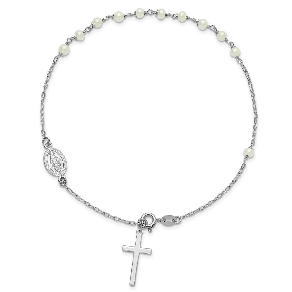 Sterling Silver Rhodium Plated Fwc Pearl Cross Rosary Themed 10in Anklet