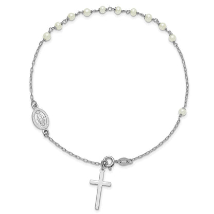 Sterling Silver Rhodium Plated Fwc Pearl Cross Rosary Themed 10in Anklet