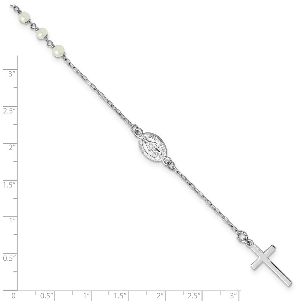 Sterling Silver Rhodium Plated Fwc Pearl Cross Rosary Themed 10in Anklet