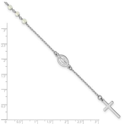 Sterling Silver Rhodium Plated Fwc Pearl Cross Rosary Themed 10in Anklet