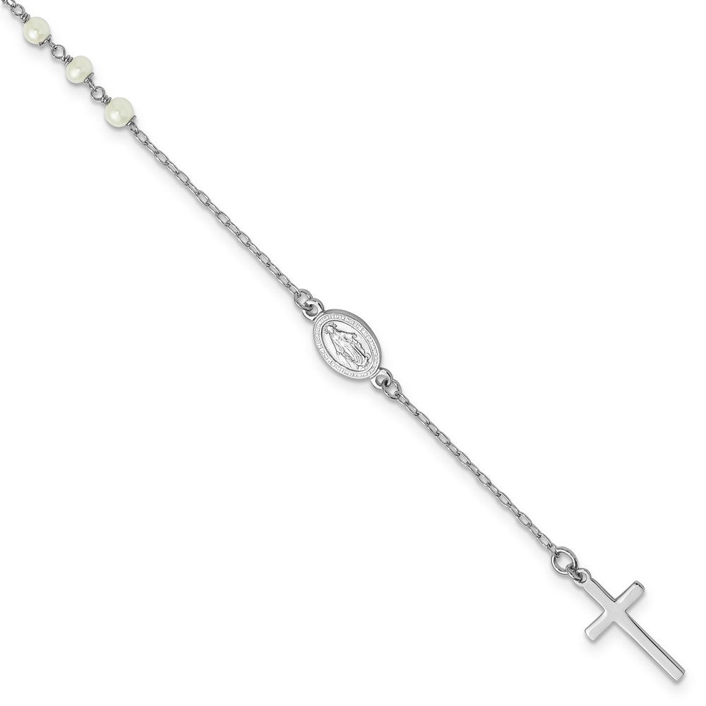 Sterling Silver Rhodium Plated Fwc Pearl Cross Rosary Themed 10in Anklet