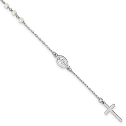 Sterling Silver Rhodium Plated Fwc Pearl Cross Rosary Themed 10in Anklet