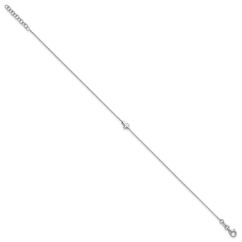 Sterling Silver Rhodium-Plated Cross 9in Plus 1in Ext. Anklet