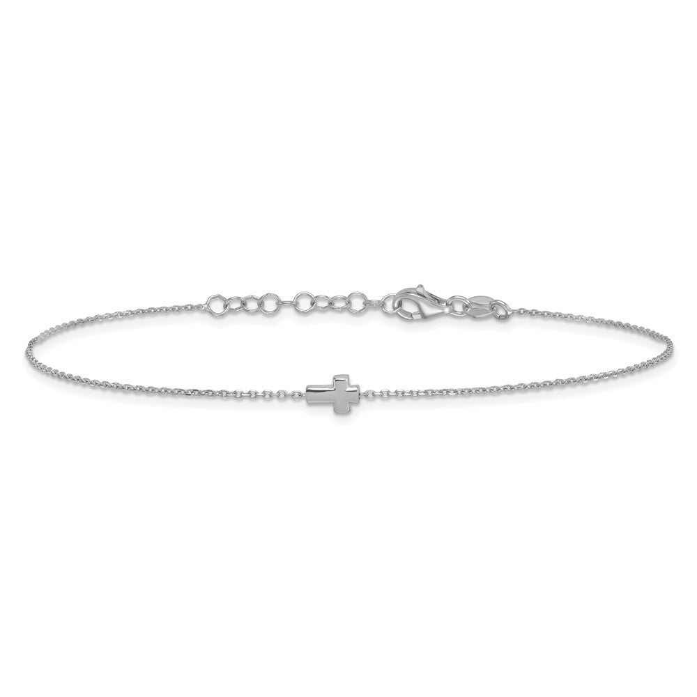 Sterling Silver Rhodium-Plated Cross 9in Plus 1in Ext. Anklet