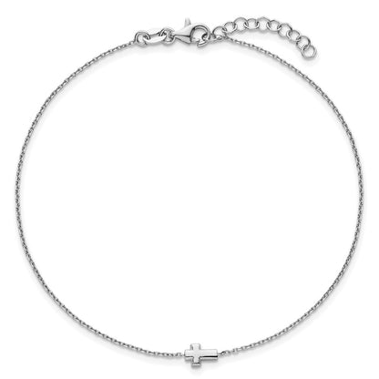 Sterling Silver Rhodium-Plated Cross 9in Plus 1in Ext. Anklet