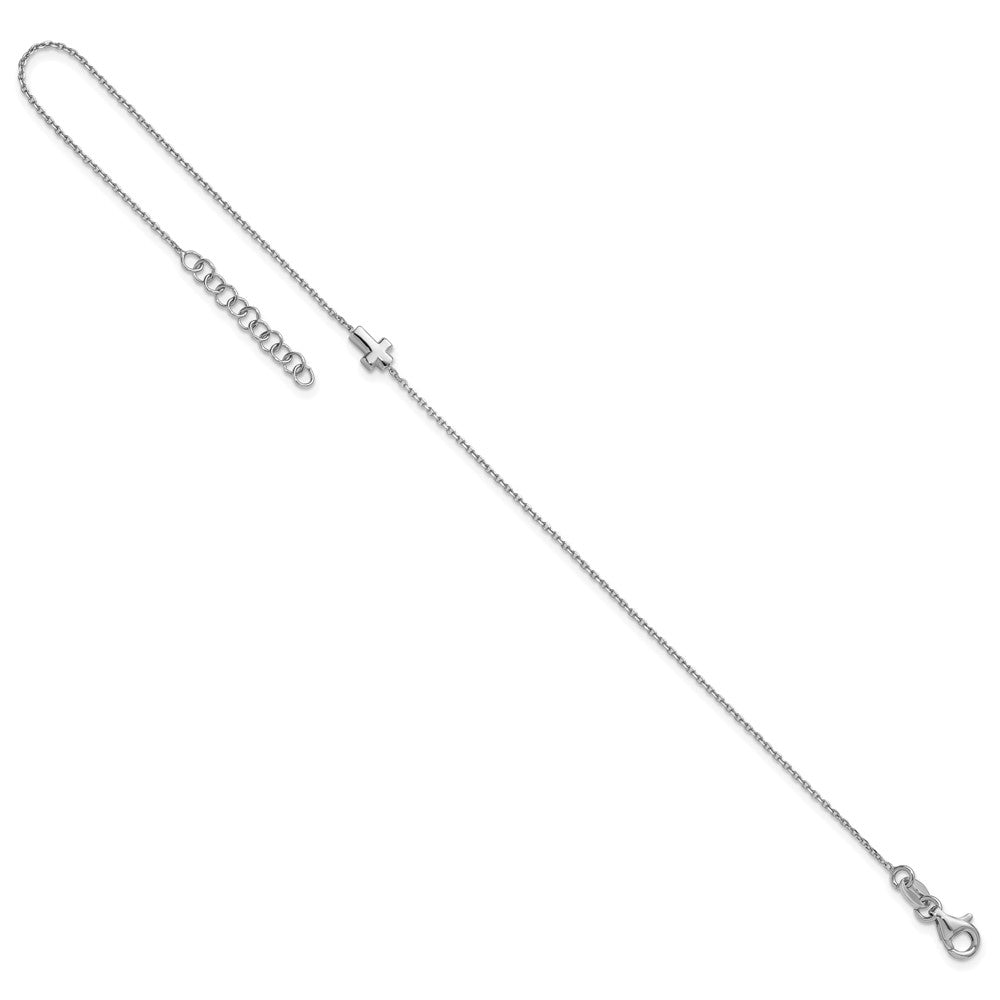 Sterling Silver Rhodium-Plated Cross 9in Plus 1in Ext. Anklet