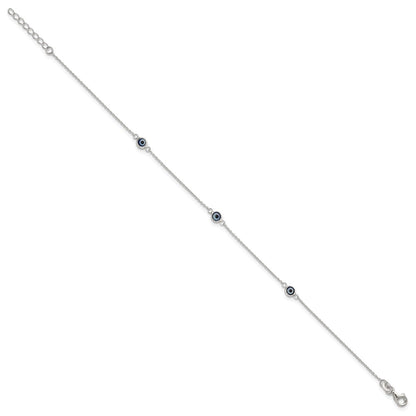 Sterling Silver Polished and Glass Evil Eye 9in Plus 1in Ext Anklet