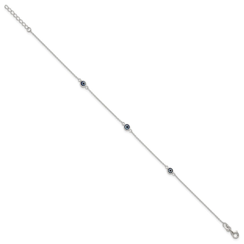 Sterling Silver Polished and Glass Evil Eye 9in Plus 1in Ext Anklet