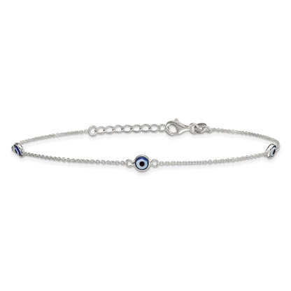 Sterling Silver Polished and Glass Evil Eye 9in Plus 1in Ext Anklet