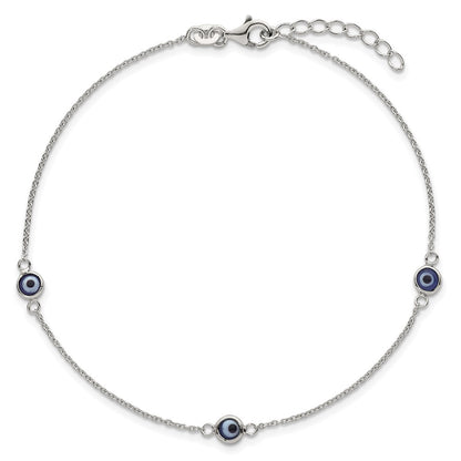 Sterling Silver Polished and Glass Evil Eye 9in Plus 1in Ext Anklet