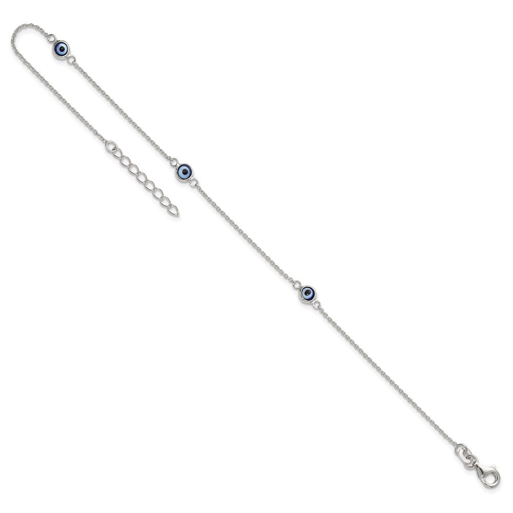Sterling Silver Polished and Glass Evil Eye 9in Plus 1in Ext Anklet