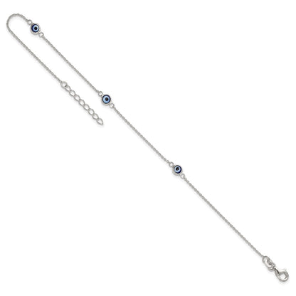 Sterling Silver Polished and Glass Evil Eye 9in Plus 1in Ext Anklet