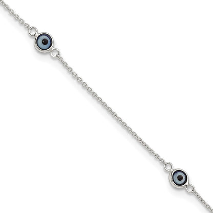 Sterling Silver Polished and Glass Evil Eye 9in Plus 1in Ext Anklet