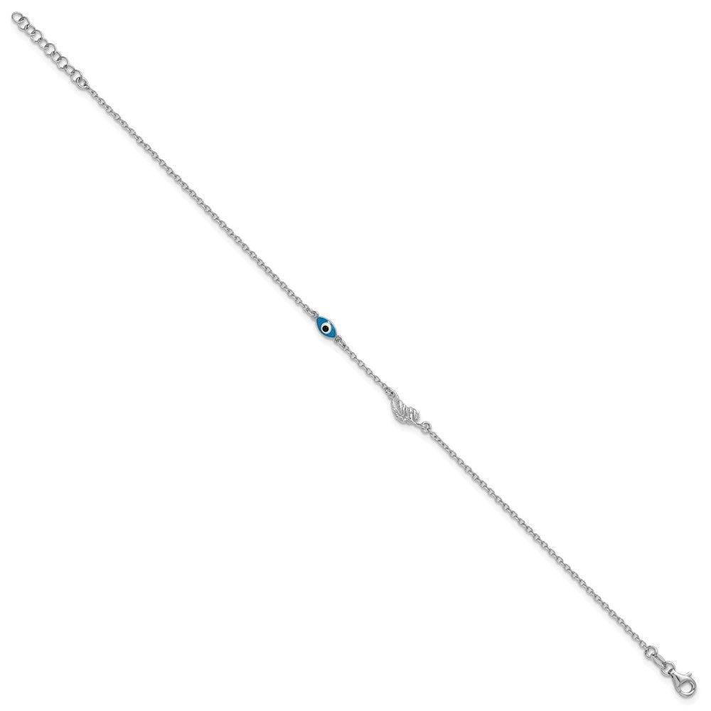 Sterling Silver Rhodium-Plated Enamel Evil Eye W/leaf 9in Plus 1in Ext. Anklet