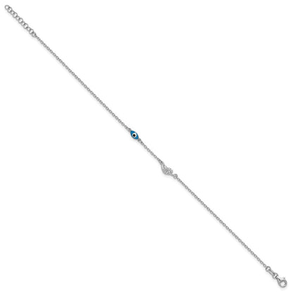Sterling Silver Rhodium-Plated Enamel Evil Eye W/leaf 9in Plus 1in Ext. Anklet