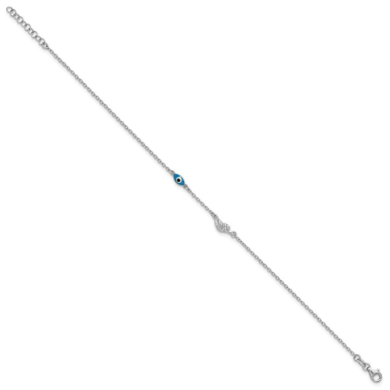 Sterling Silver Rhodium-Plated Enamel Evil Eye W/leaf 9in Plus 1in Ext. Anklet