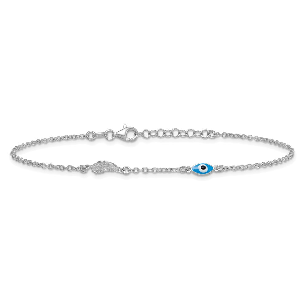 Sterling Silver Rhodium-Plated Enamel Evil Eye W/leaf 9in Plus 1in Ext. Anklet