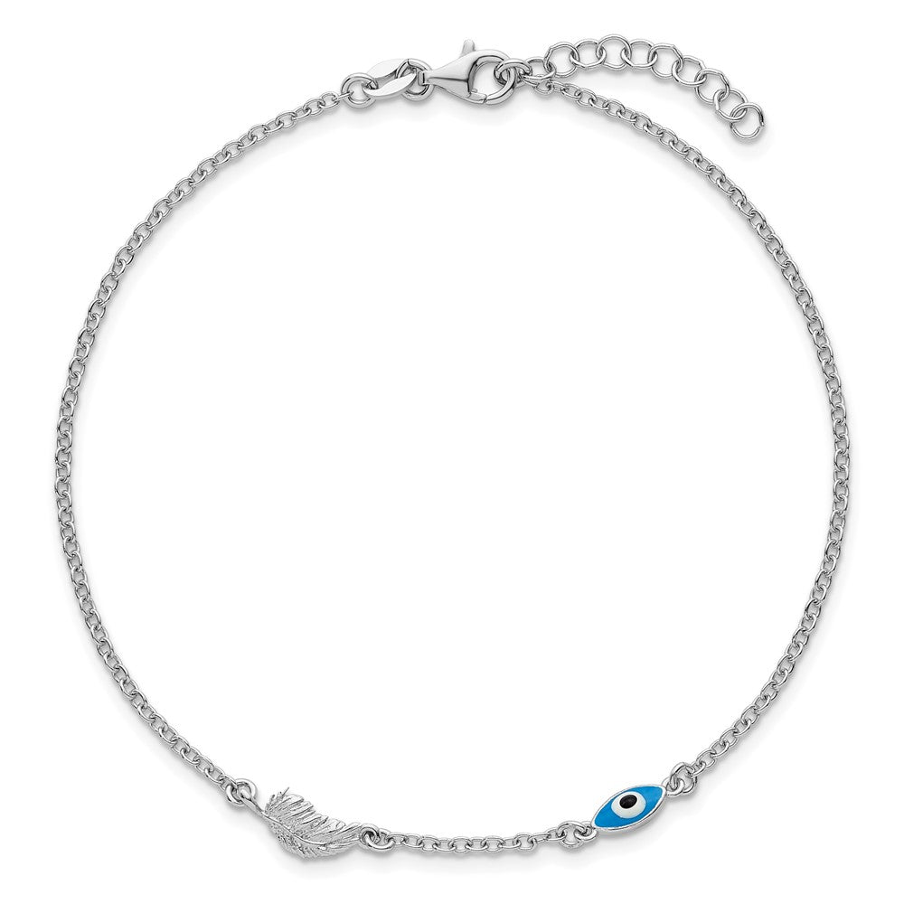 Sterling Silver Rhodium-Plated Enamel Evil Eye W/leaf 9in Plus 1in Ext. Anklet