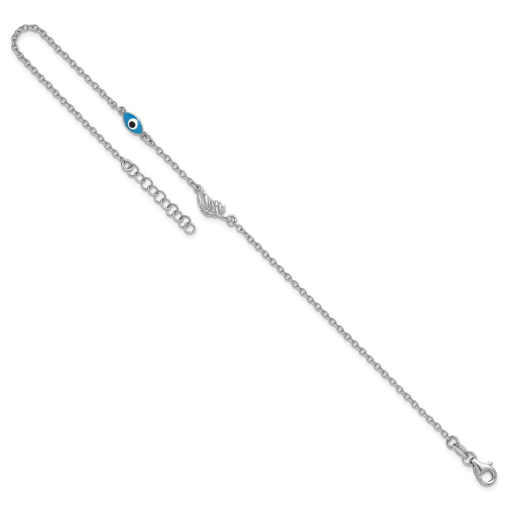 Sterling Silver Rhodium-Plated Enamel Evil Eye W/leaf 9in Plus 1in Ext. Anklet