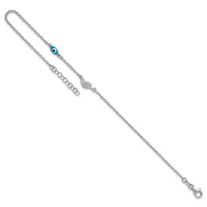 Sterling Silver Rhodium-Plated Enamel Evil Eye W/leaf 9in Plus 1in Ext. Anklet
