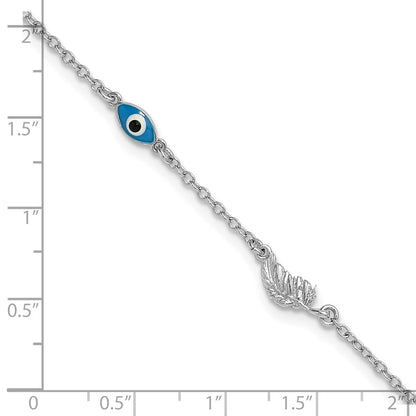 Sterling Silver Rhodium-Plated Enamel Evil Eye W/leaf 9in Plus 1in Ext. Anklet