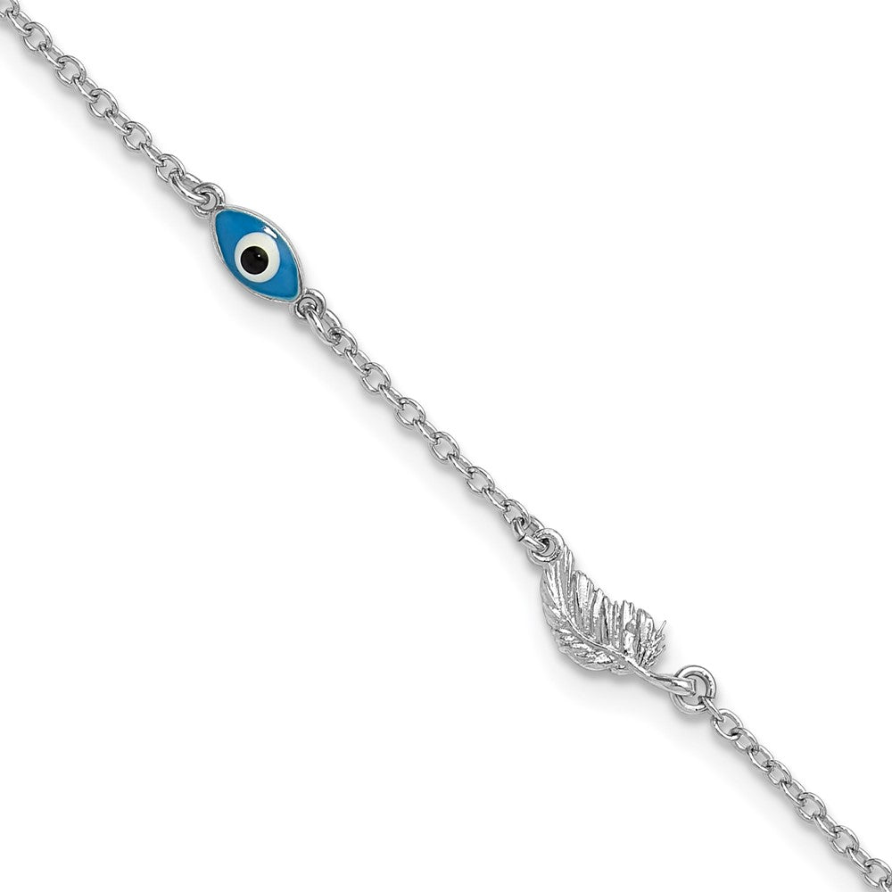 Sterling Silver Rhodium-Plated Enamel Evil Eye W/leaf 9in Plus 1in Ext. Anklet