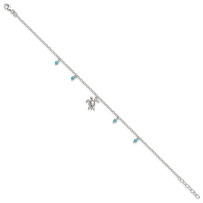 Sterling Silver and Beaded Turquoise Turtle 9in Plus 1in Ext Anklet