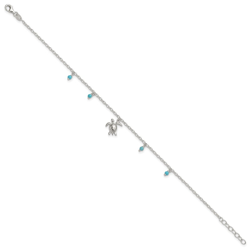 Sterling Silver and Beaded Turquoise Turtle 9in Plus 1in Ext Anklet