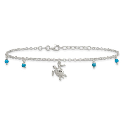 Sterling Silver and Beaded Turquoise Turtle 9in Plus 1in Ext Anklet