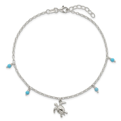 Sterling Silver and Beaded Turquoise Turtle 9in Plus 1in Ext Anklet