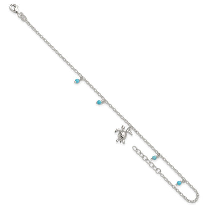 Sterling Silver and Beaded Turquoise Turtle 9in Plus 1in Ext Anklet