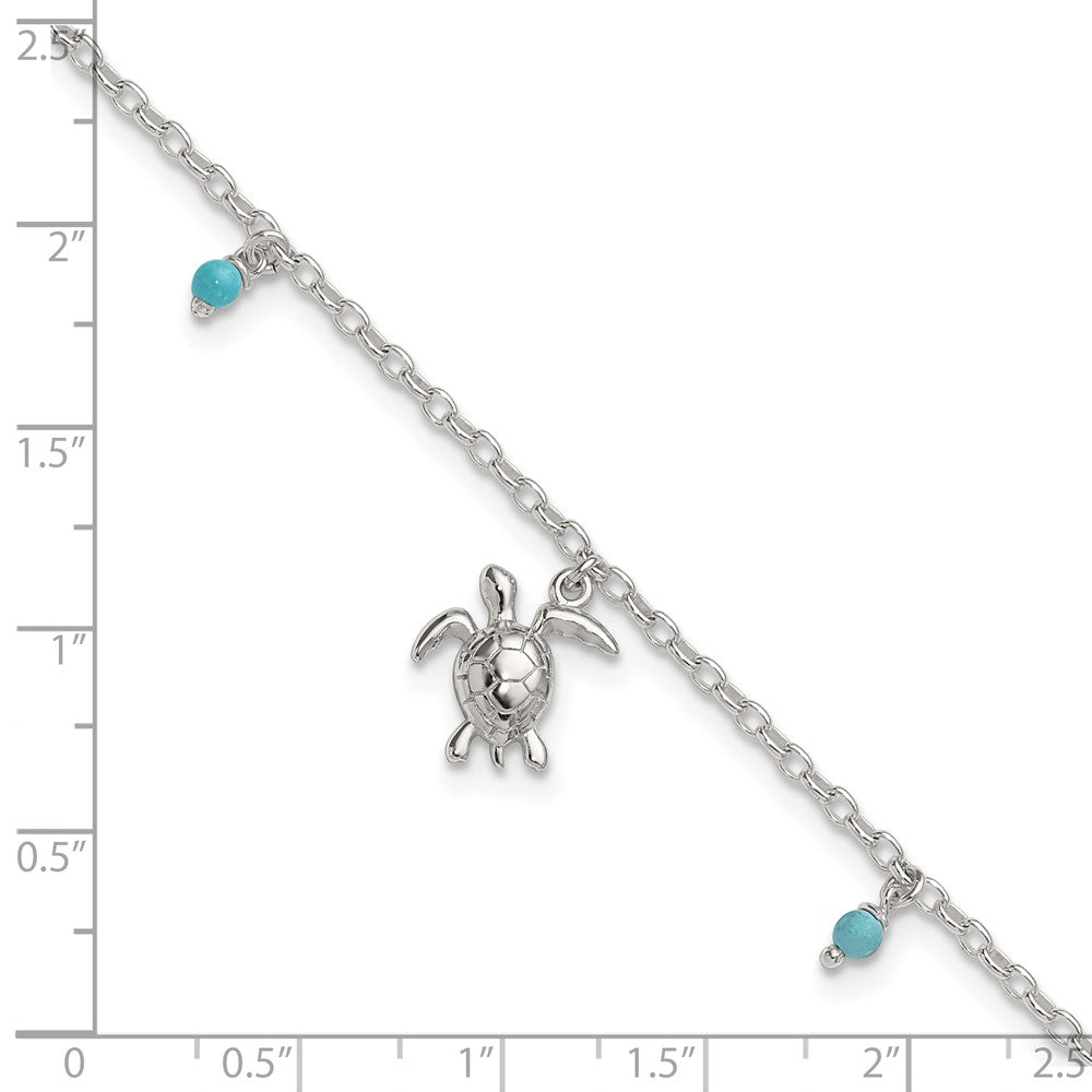 Sterling Silver and Beaded Turquoise Turtle 9in Plus 1in Ext Anklet