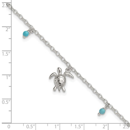 Sterling Silver and Beaded Turquoise Turtle 9in Plus 1in Ext Anklet
