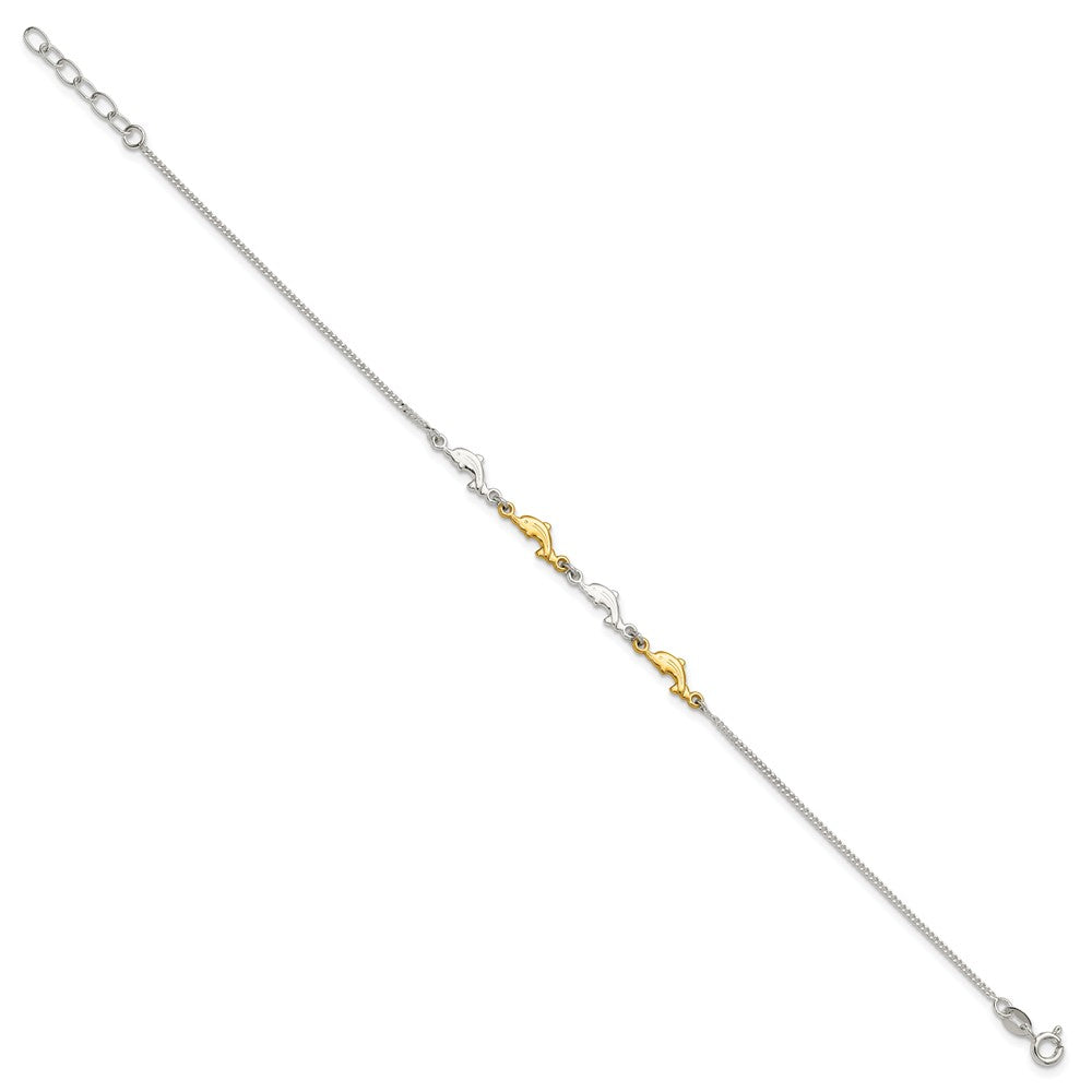 Sterling Silver Gold-Tone Polished Dolphins 9in Plus 1in Ext Anklet