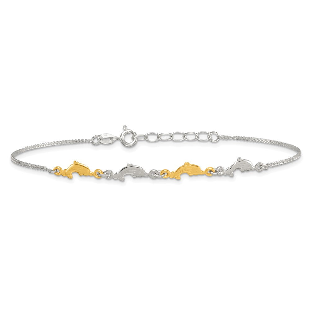 Sterling Silver Gold-Tone Polished Dolphins 9in Plus 1in Ext Anklet