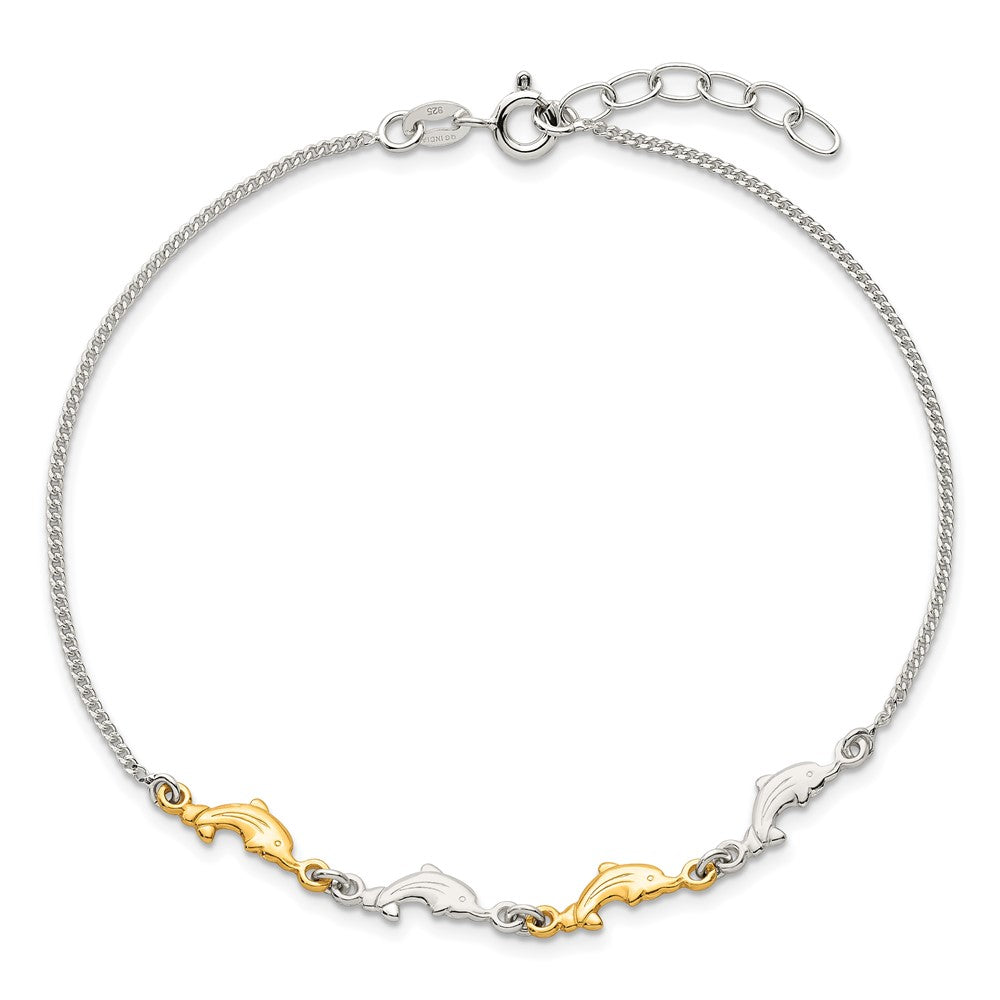 Sterling Silver Gold-Tone Polished Dolphins 9in Plus 1in Ext Anklet