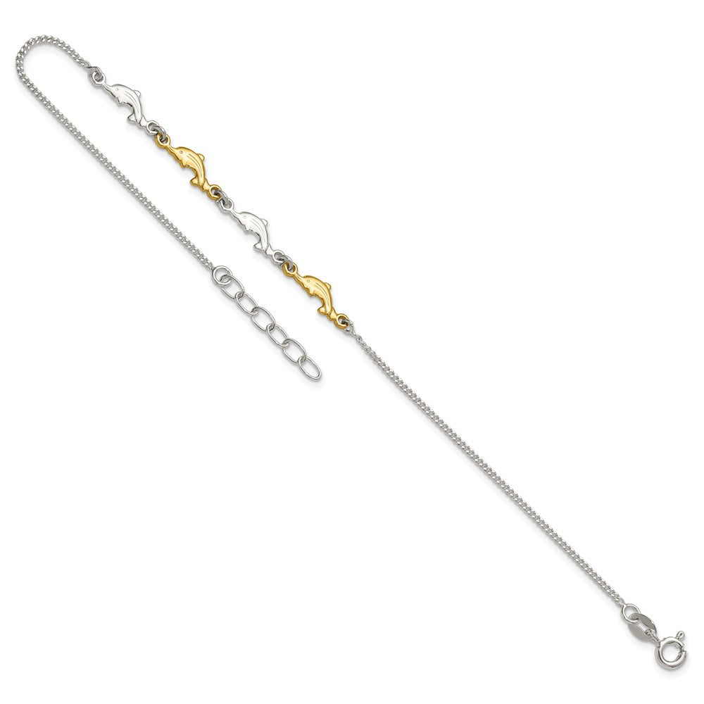 Sterling Silver Gold-Tone Polished Dolphins 9in Plus 1in Ext Anklet