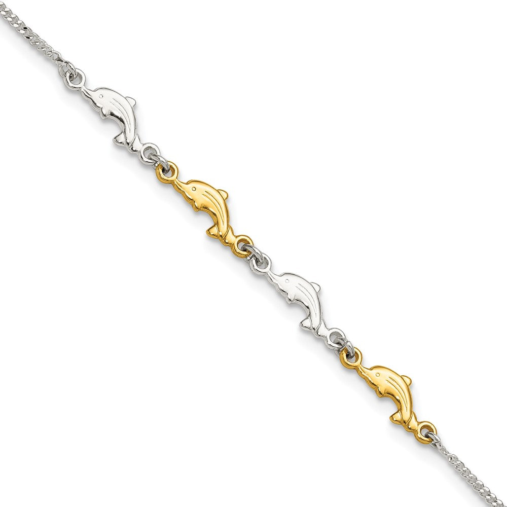 Sterling Silver Gold-Tone Polished Dolphins 9in Plus 1in Ext Anklet