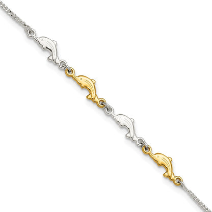 Sterling Silver Gold-Tone Polished Dolphins 9in Plus 1in Ext Anklet