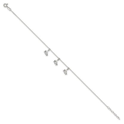 Sterling Silver Polished CZ Dolphins 9in Plus 1in Ext Anklet