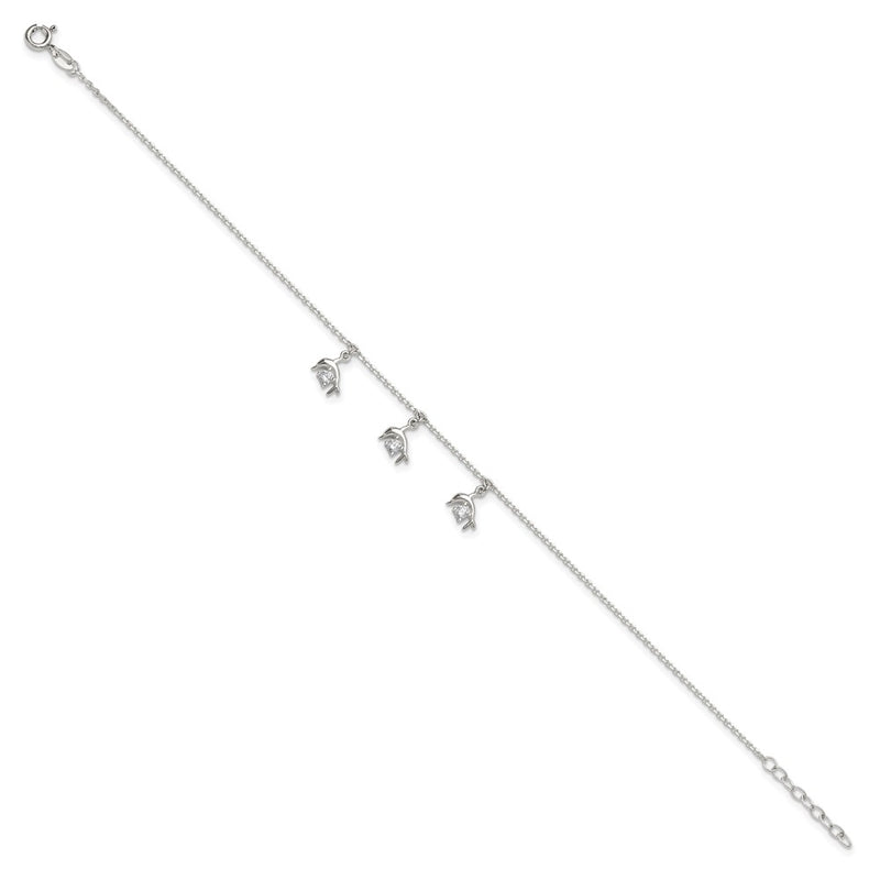 Sterling Silver Polished CZ Dolphins 9in Plus 1in Ext Anklet