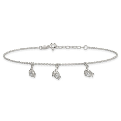 Sterling Silver Polished CZ Dolphins 9in Plus 1in Ext Anklet