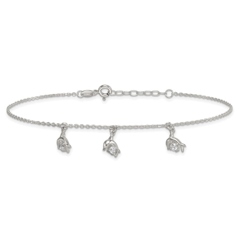 Sterling Silver Polished CZ Dolphins 9in Plus 1in Ext Anklet