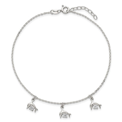 Sterling Silver Polished CZ Dolphins 9in Plus 1in Ext Anklet