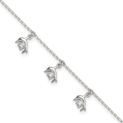 Sterling Silver Polished CZ Dolphins 9in Plus 1in Ext Anklet