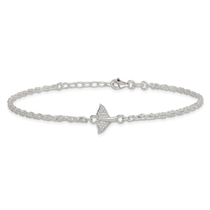 Sterling Silver Polished CZ Whale Tail 9in Plus 1in Ext Anklet