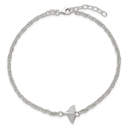 Sterling Silver Polished CZ Whale Tail 9in Plus 1in Ext Anklet