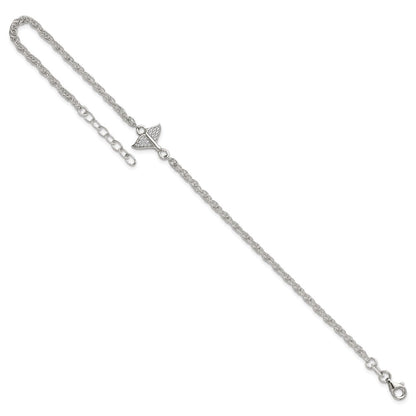 Sterling Silver Polished CZ Whale Tail 9in Plus 1in Ext Anklet