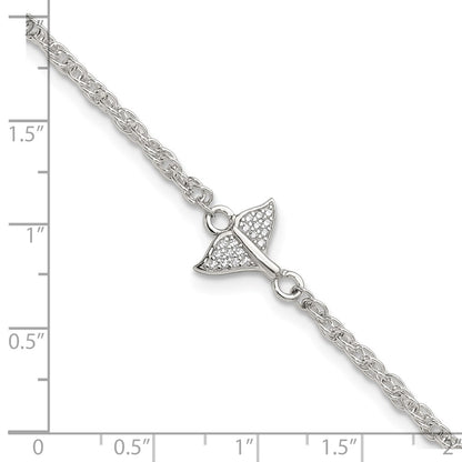Sterling Silver Polished CZ Whale Tail 9in Plus 1in Ext Anklet